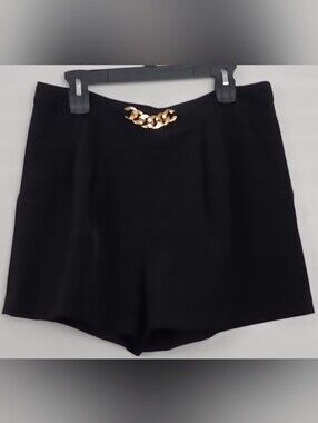 Bold Elements  Women's High-Waist Pleaded Shorts with Gold Accent Chain Black 14
